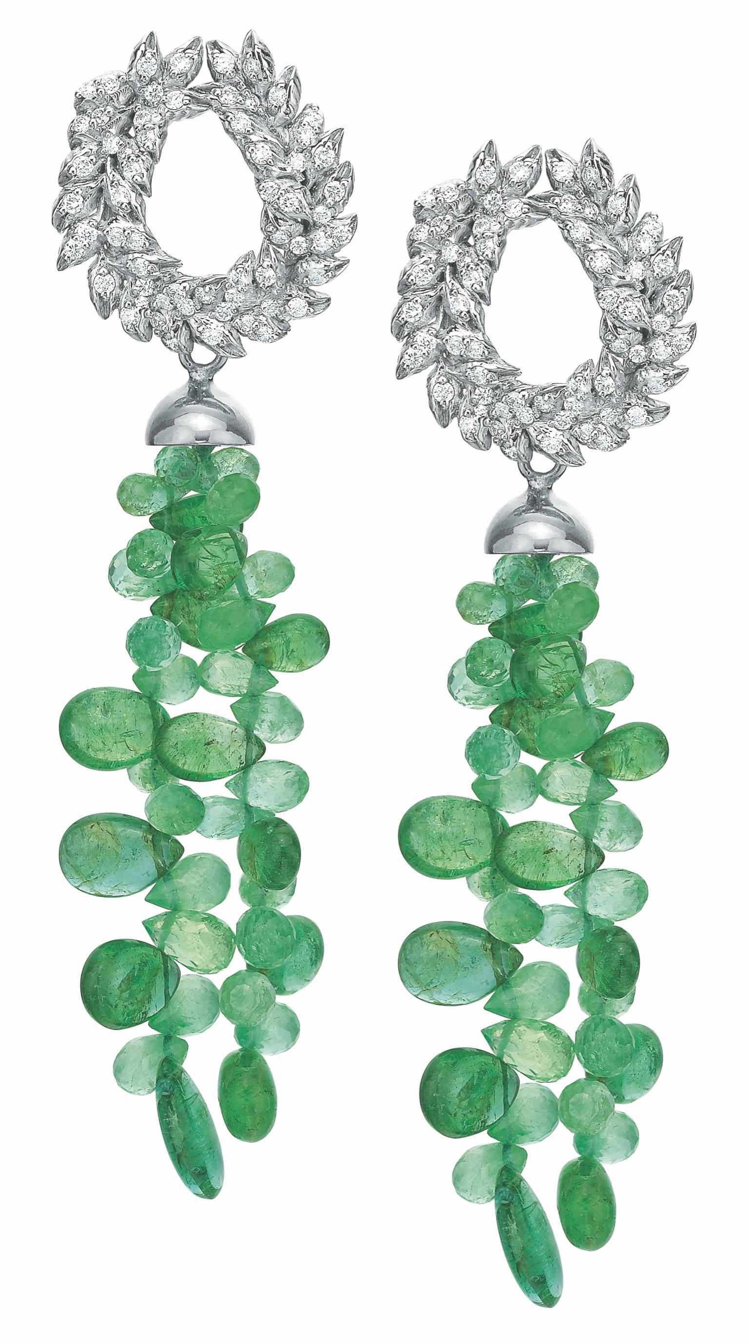 Modern Andrew Glassford Diamond Earrings with Detachable Emerald & Sapphire Briolletes