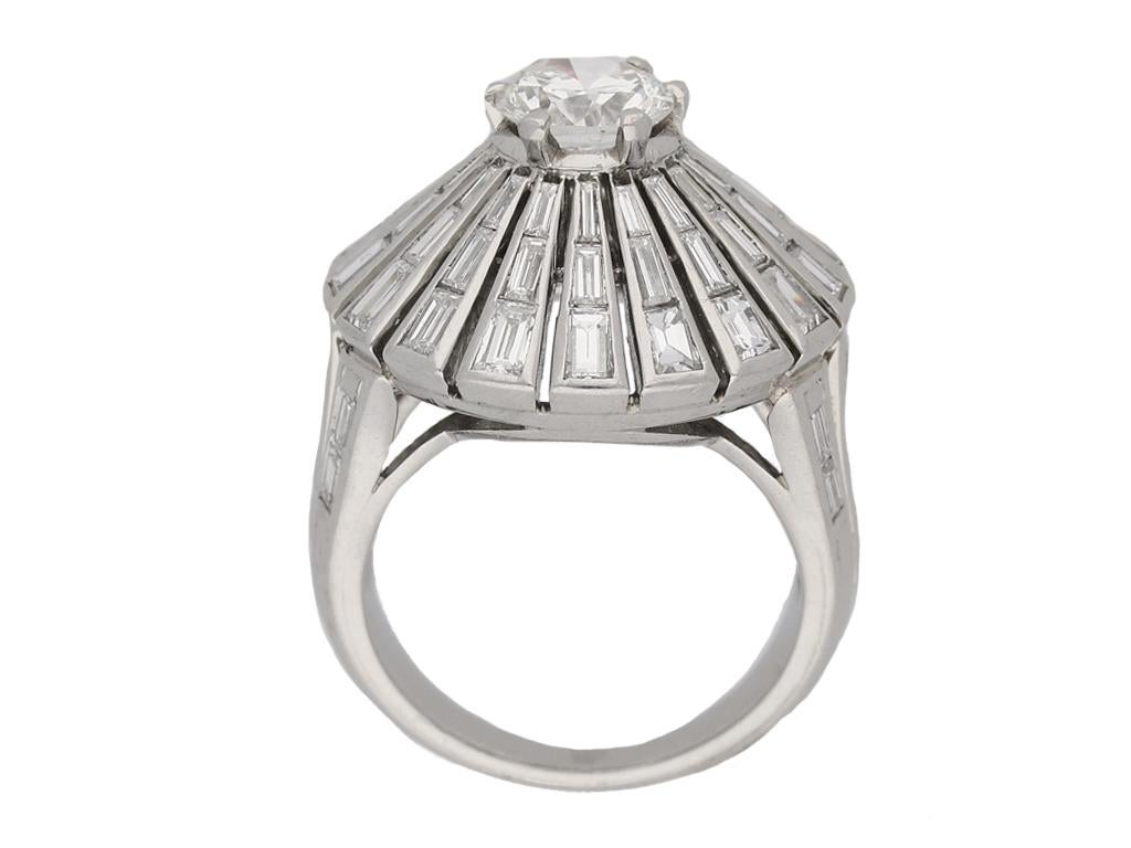 Round Cut Diamond Coronet Cluster Ring with Round and Baguette Cut Diamonds, circa 1950 For Sale