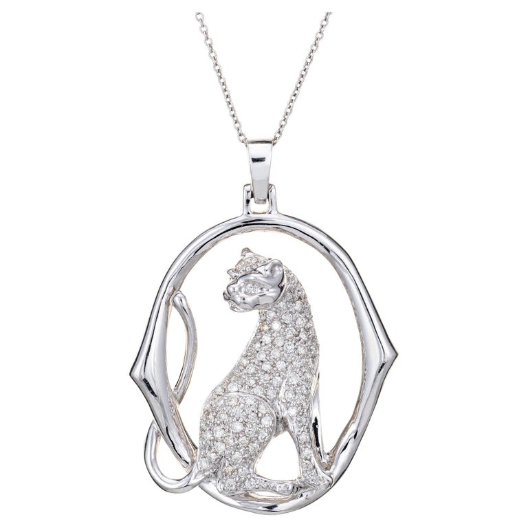 Diamond Cougar Necklace Vintage 18k White Gold Estate Fine Animal