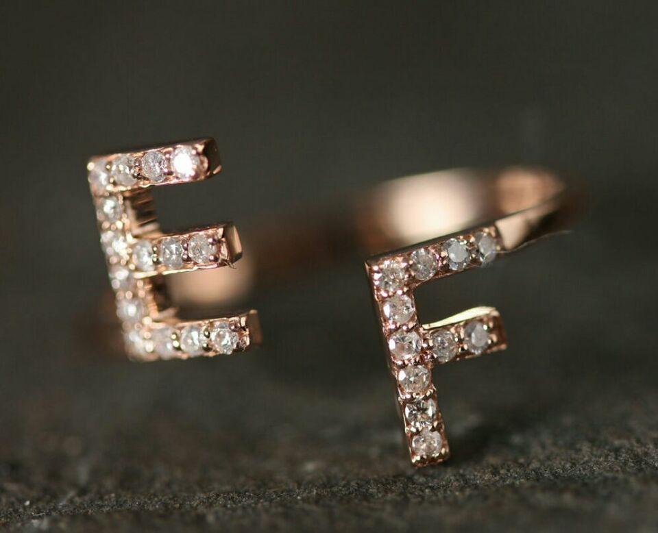 Art Deco Diamond Couples Initial Ring 14k Gold Natural Diamond Alphabet Anniversary Ring. For Sale