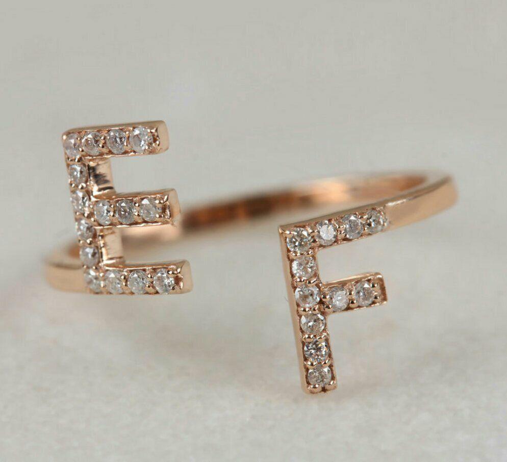 Diamond Couples Initial Ring 14k Gold Natural Diamond Alphabet Anniversary Ring. For Sale 1