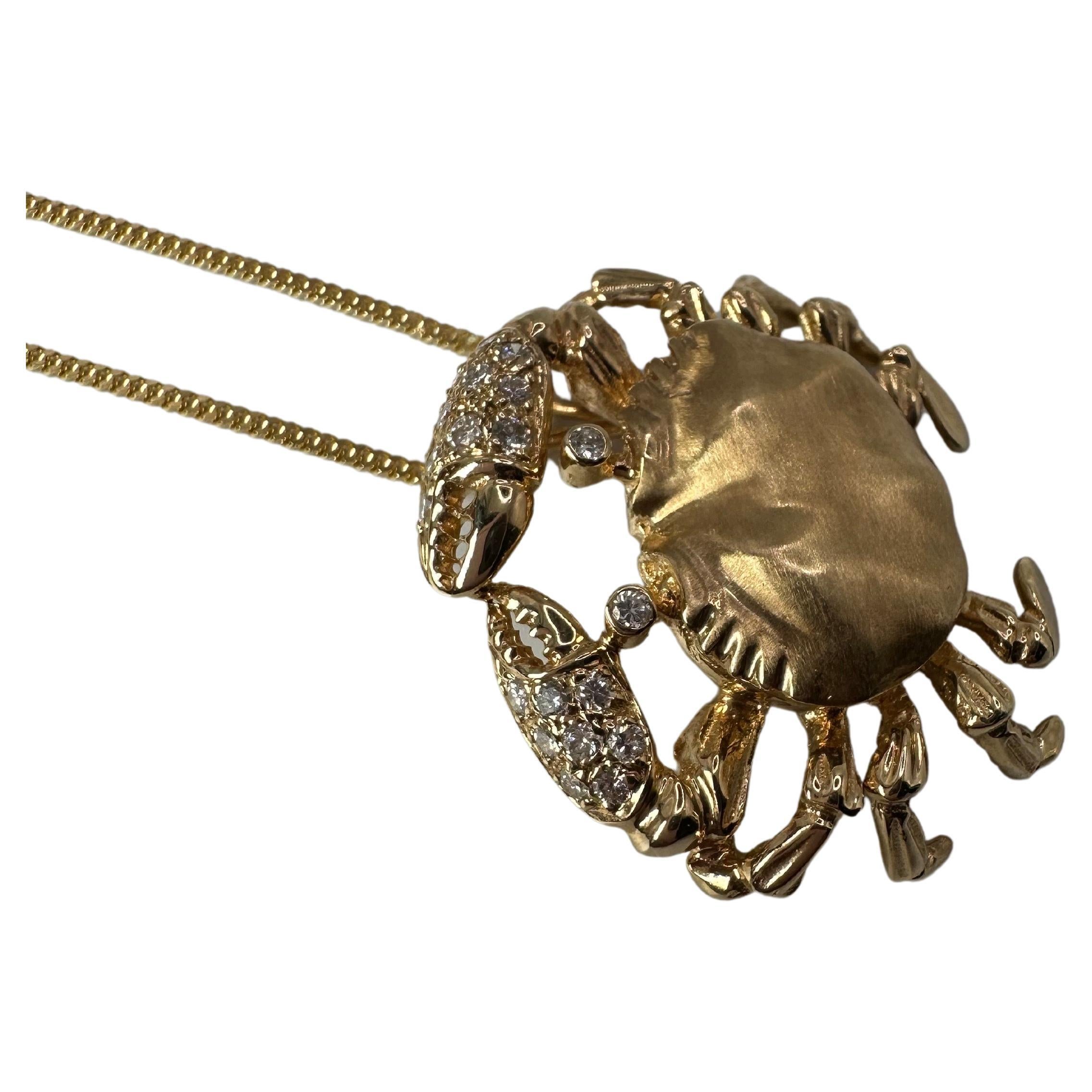 Diamond Crab Necklace 14 Karat Matte Gold Diamond Pendant Crabs For Sale
