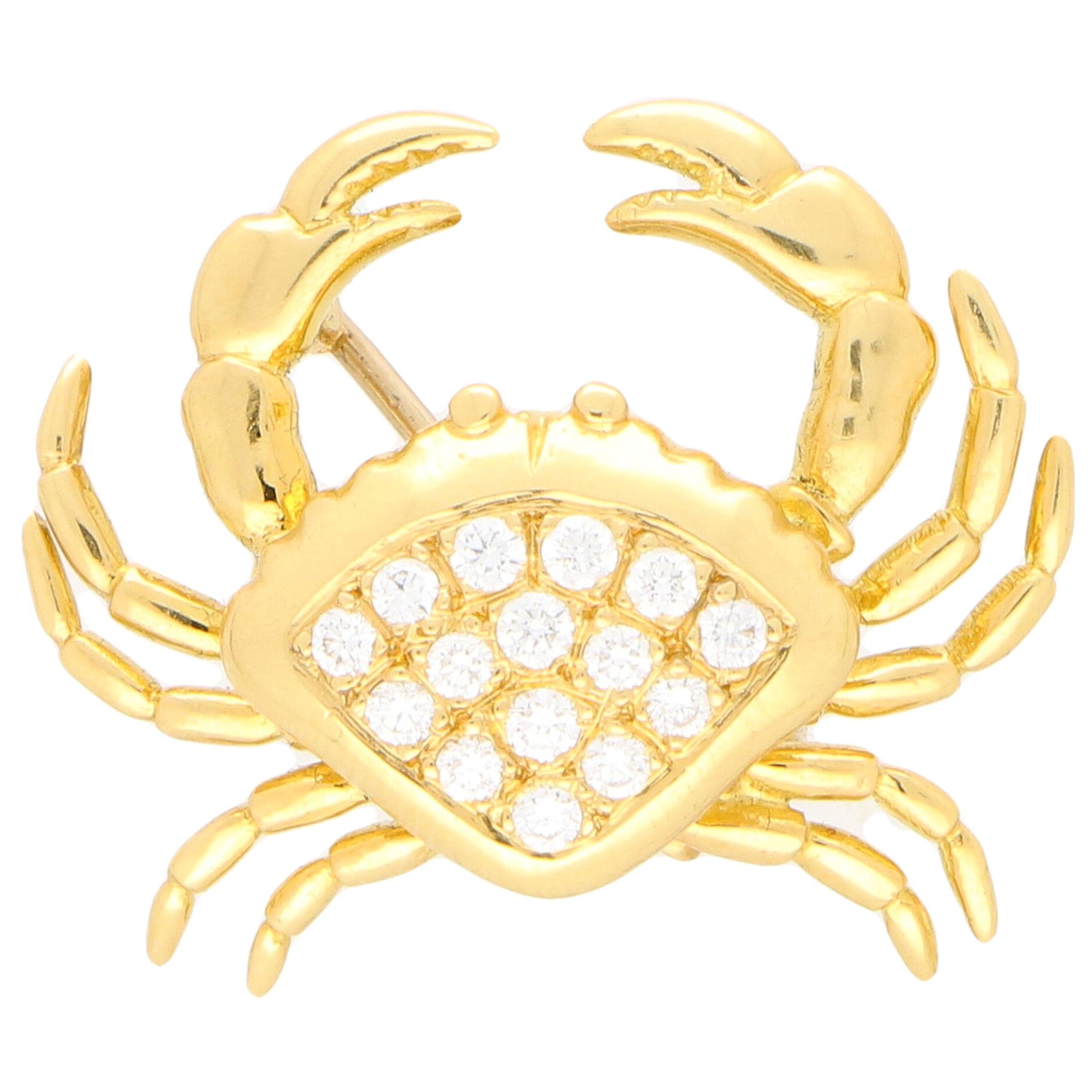 Diamond Crab Pin Brooch Set in 18 Karat Yellow Gold