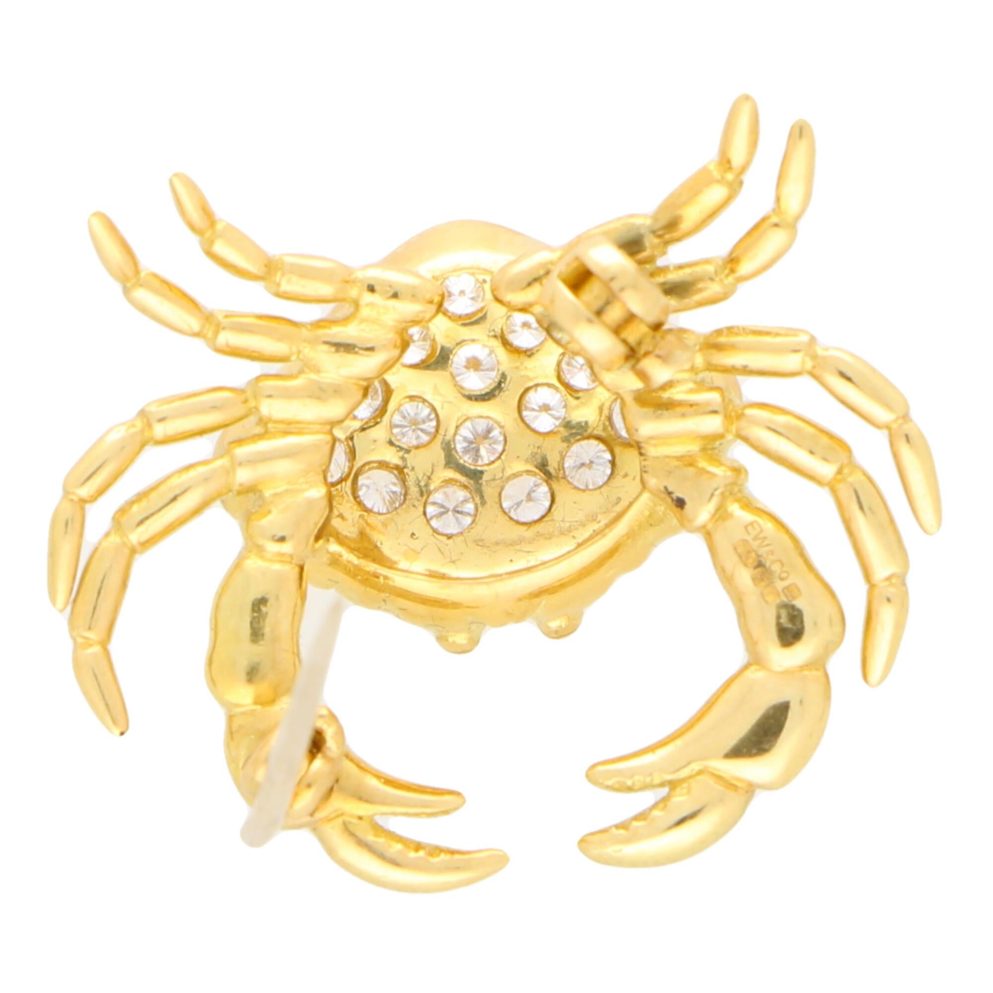Women's or Men's Diamond Crab Pin Brooch Set in 18 Karat Yellow Gold