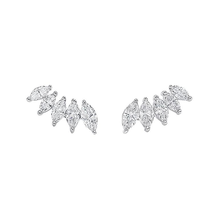 Diamond Ear Climbers 1 1/4 Carat Marquise Cut in 14K White Gold Certified For Sale