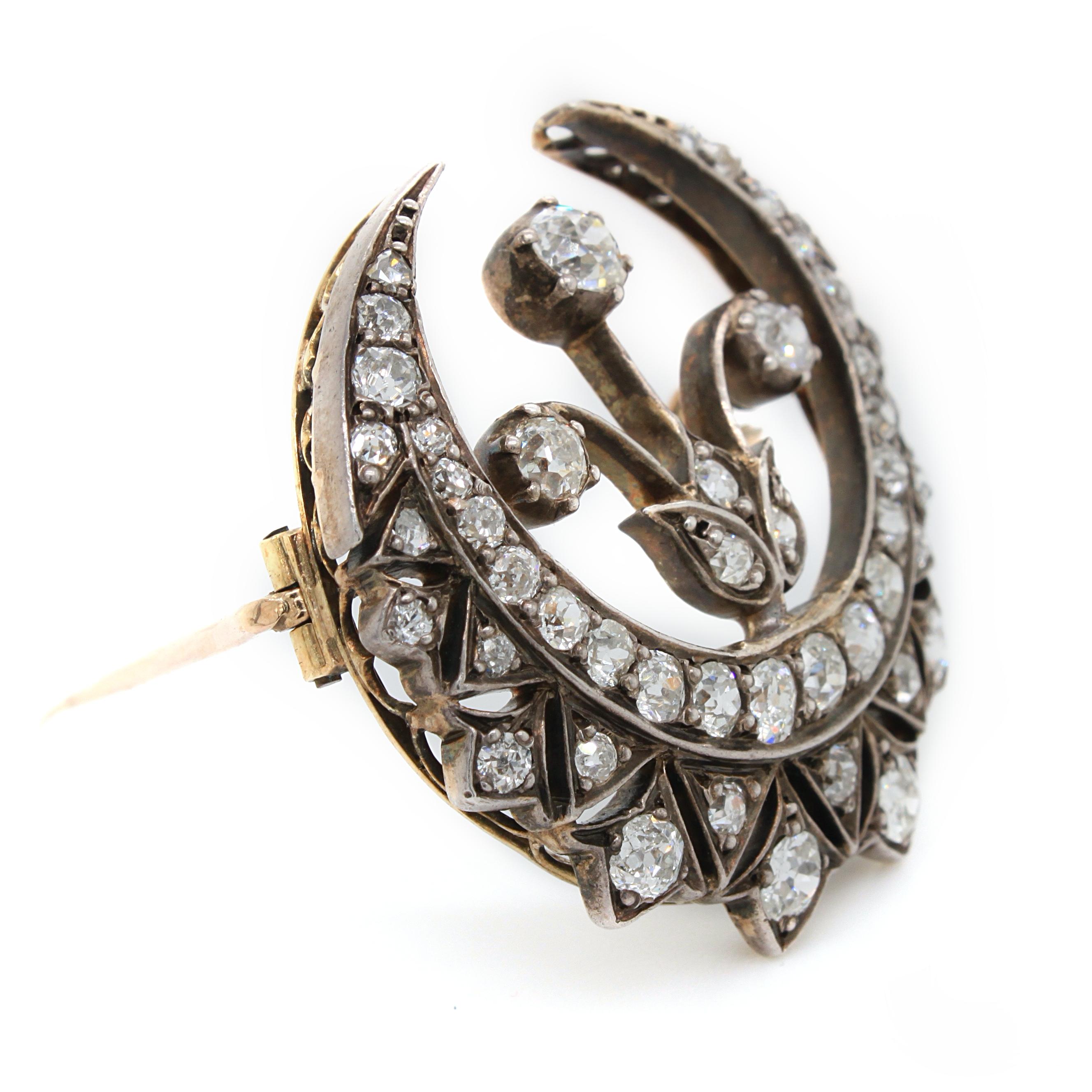 Old Mine Cut Diamond Crescent and Flower Brooch, Victorian, ca. 1880s For Sale