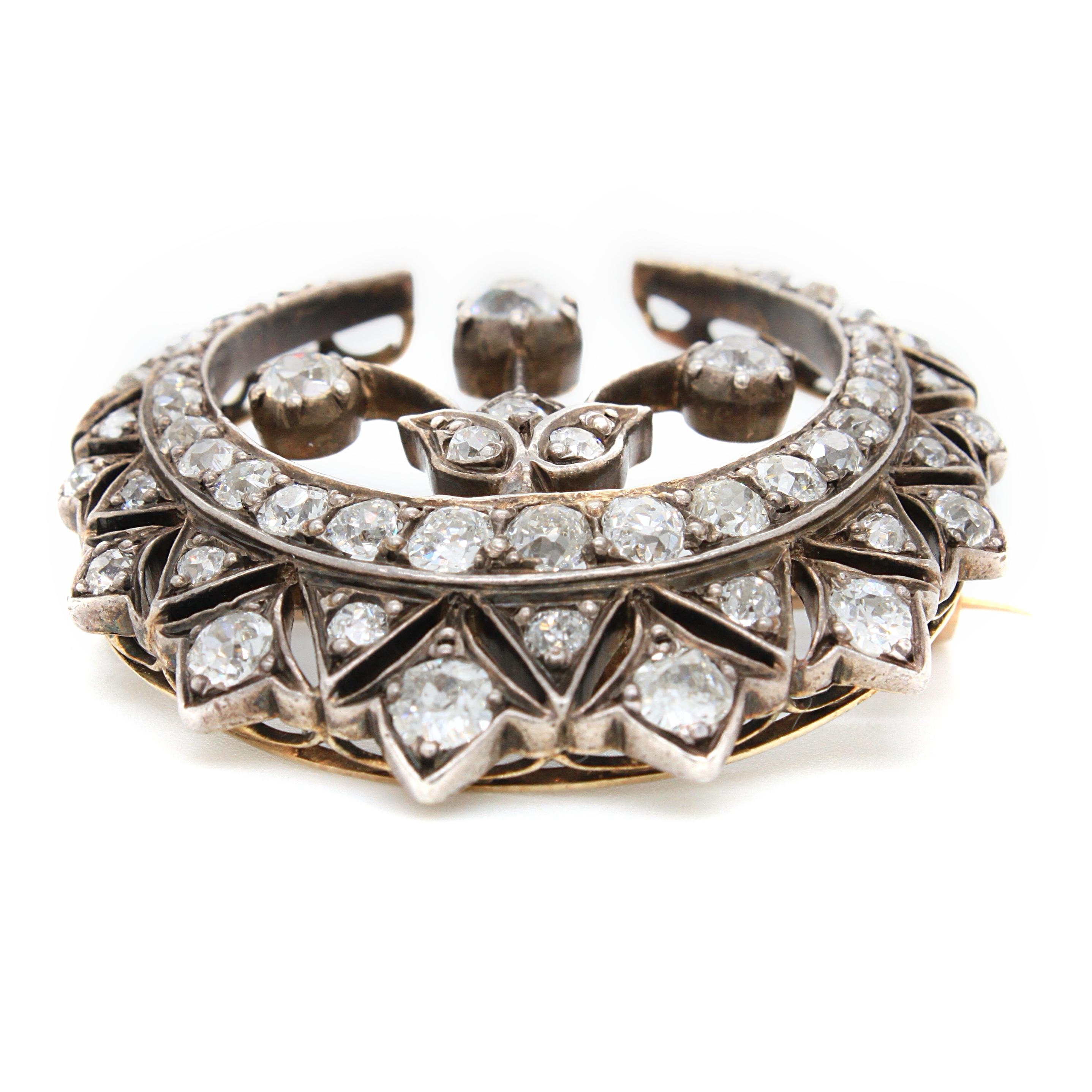 Women's or Men's Diamond Crescent and Flower Brooch, Victorian, ca. 1880s For Sale