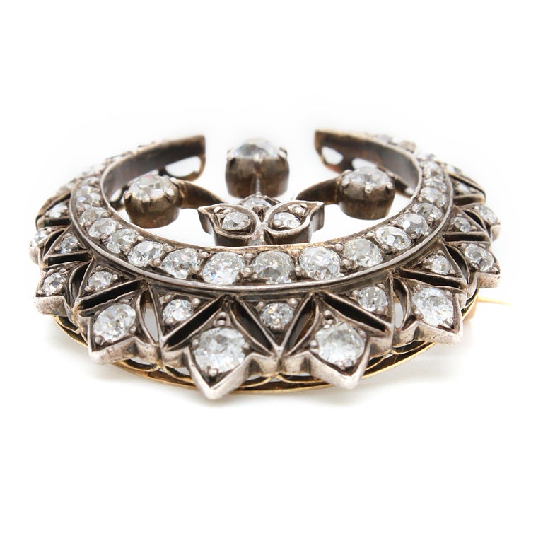 Diamond Crescent and Flower Brooch, Victorian, ca. 1880s For Sale 3
