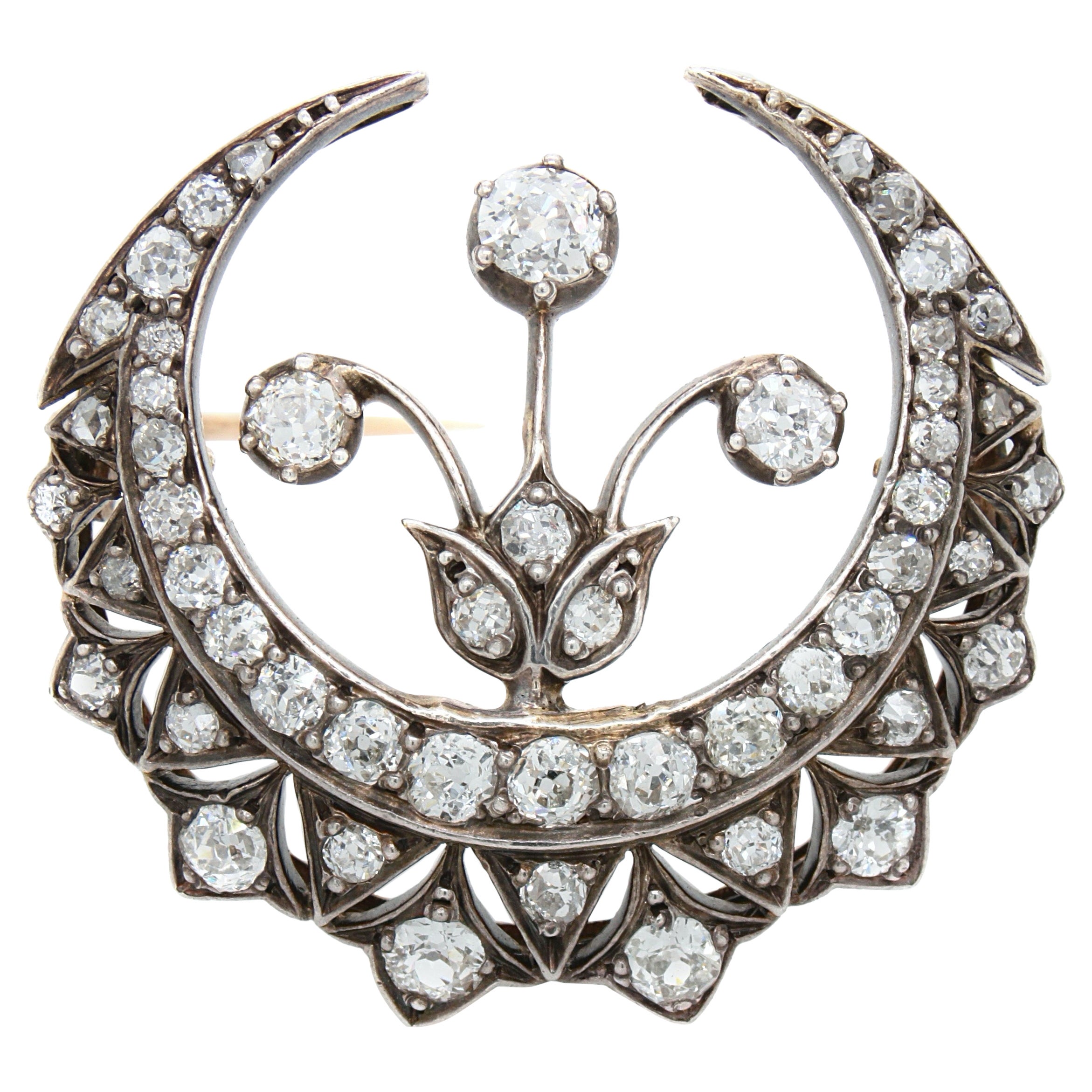Broche de flor y media luna de diamantes, victoriano, ca. 1880