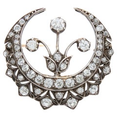 Diamond Crescent and Flower Brooch, Victorian, ca. 1880s