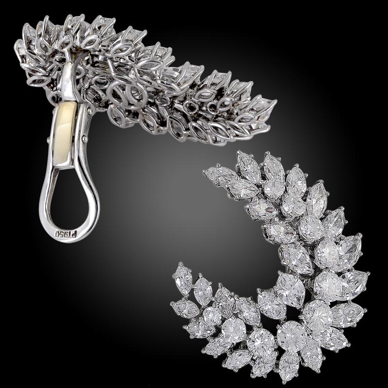 Marquise Cut Marquise and Round Diamond Cluster Platinum Crescent Earrings For Sale