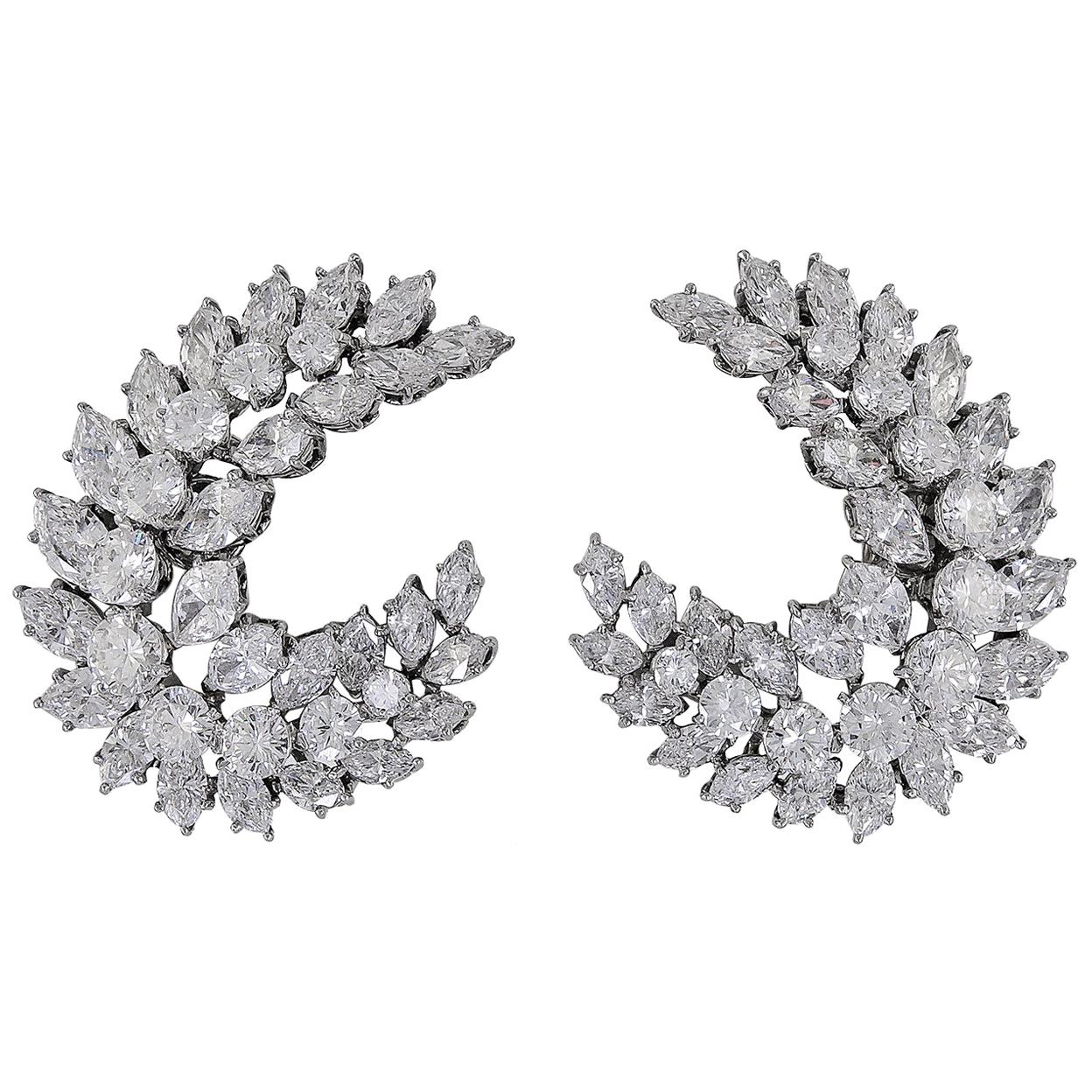 Marquise and Round Diamond Cluster Platinum Crescent Earrings For Sale