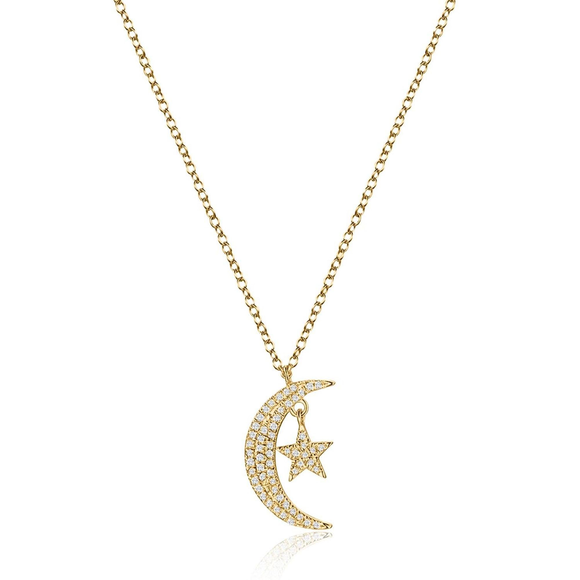 Collier étoile croissante de lune en or jaune 14 carats avec diamants