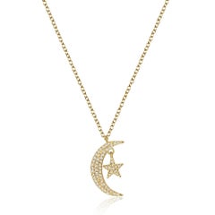 Diamond Crescent Moon 14K Yellow Gold Star Necklace