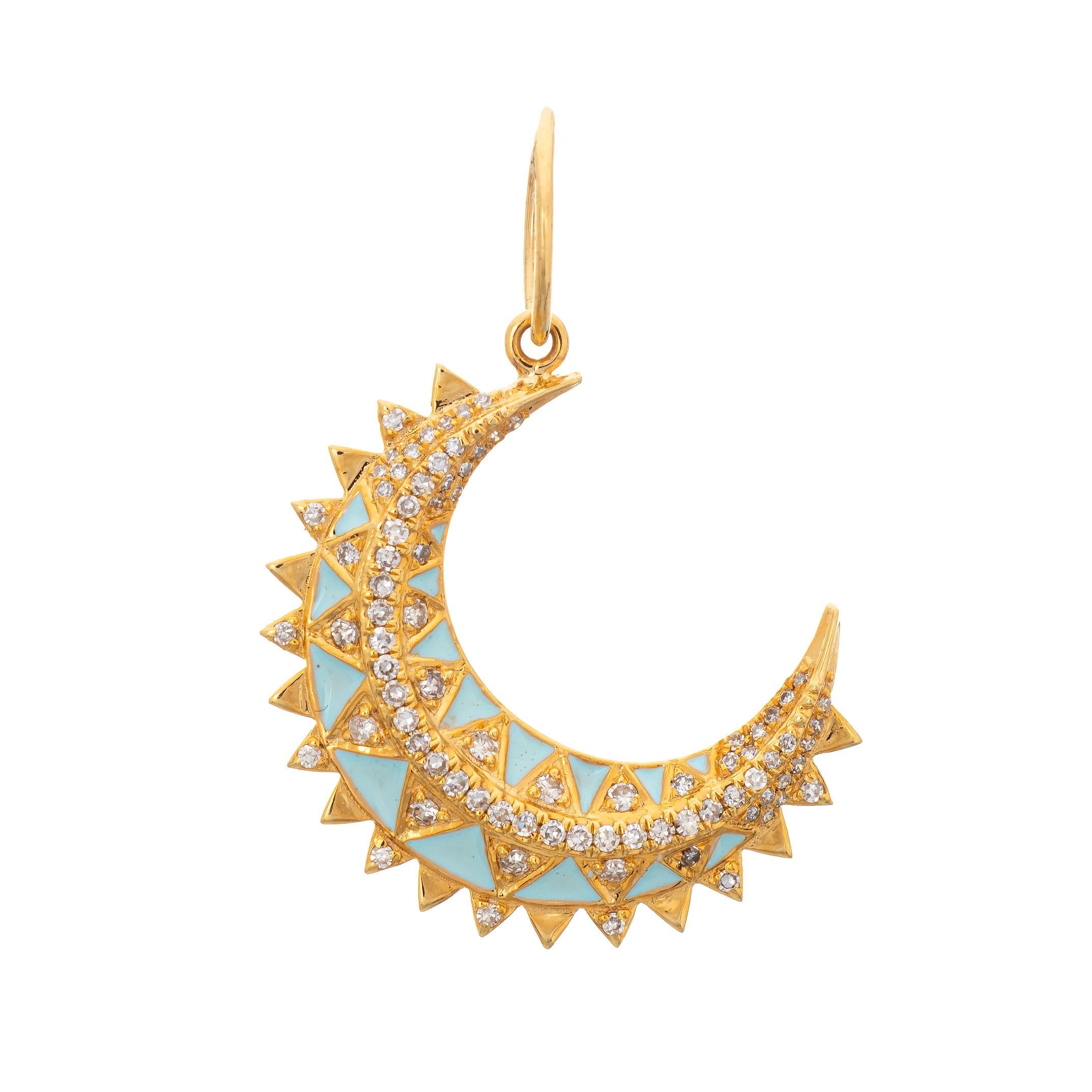 Diamant-Mondsichel-Anhänger 14k Gelbgold Eierschale Blau Emaille Sunburst (Moderne)
