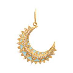 Diamond Crescent Moon Pendant 14k Yellow Gold Egg Shell Blue Enamel Sunburst