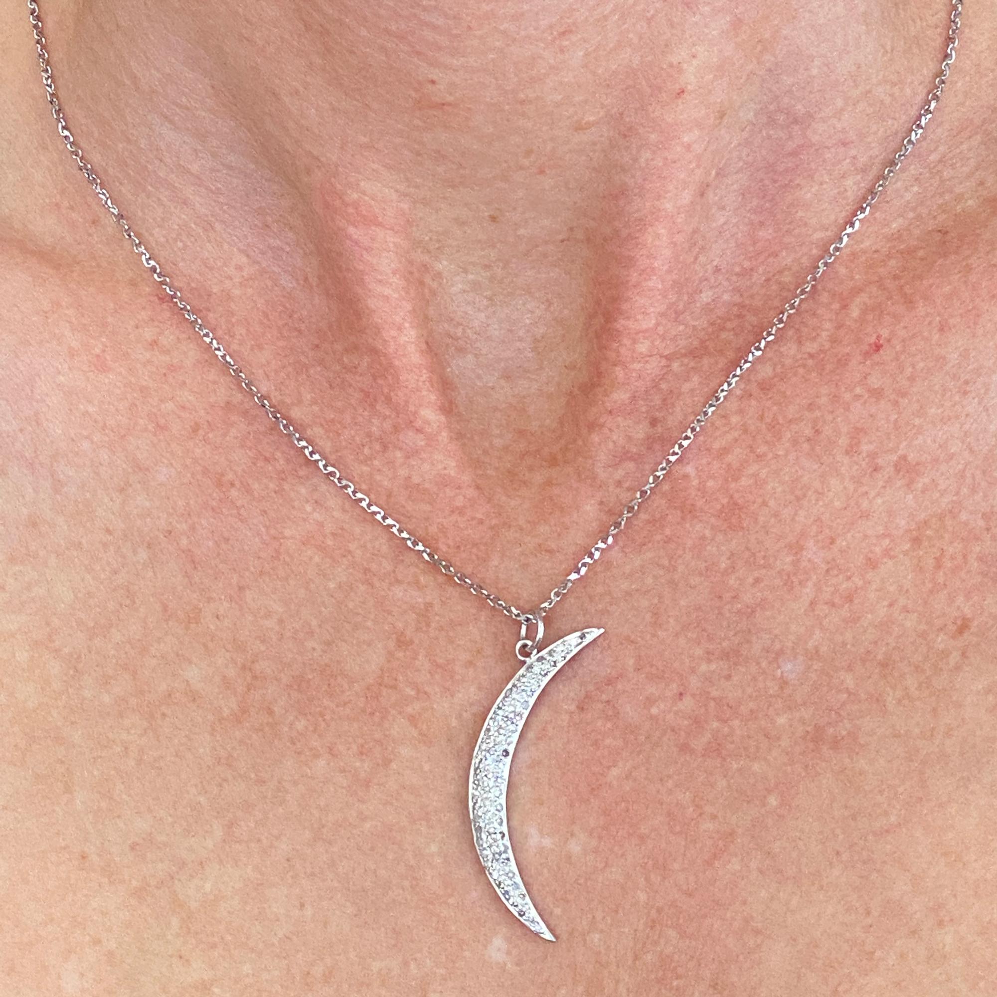 Round Cut Diamond Crescent Moon Pendant Necklace 18 Karat White Gold