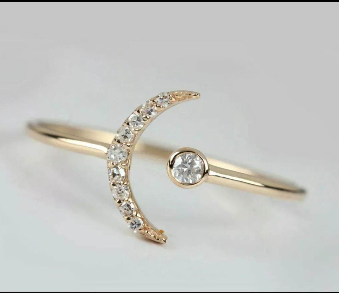 Diamond Crescent Moon Ring 14k Gold Bridal Jewelry Wedding Day Diamond Ring. For Sale 2