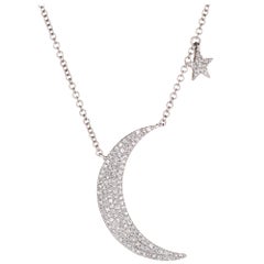 Vintage Diamond Crescent Moon Star Necklace 14 Karat White Gold Fine Celestial Jewelry