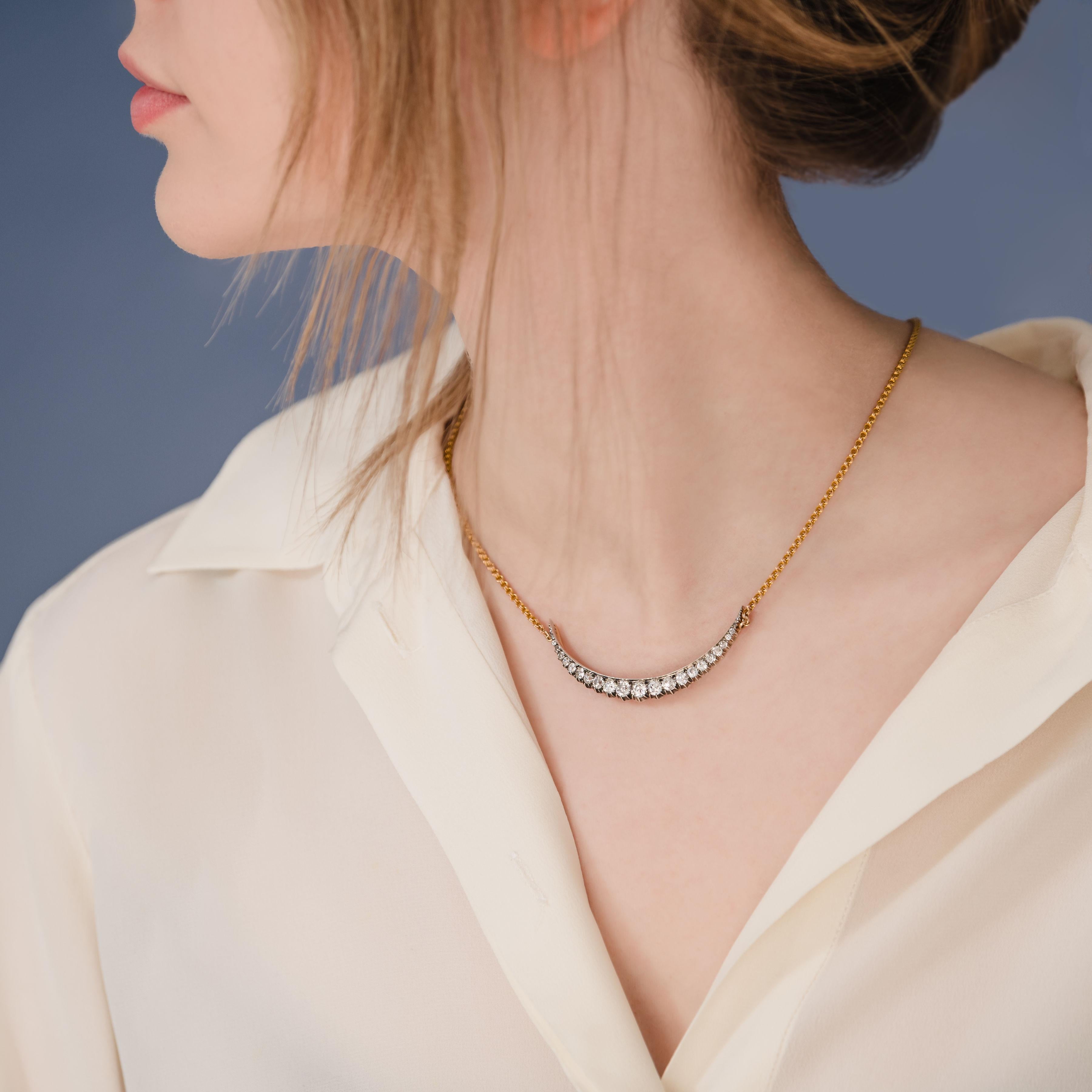 Old European Cut Diamond Crescent necklace For Sale
