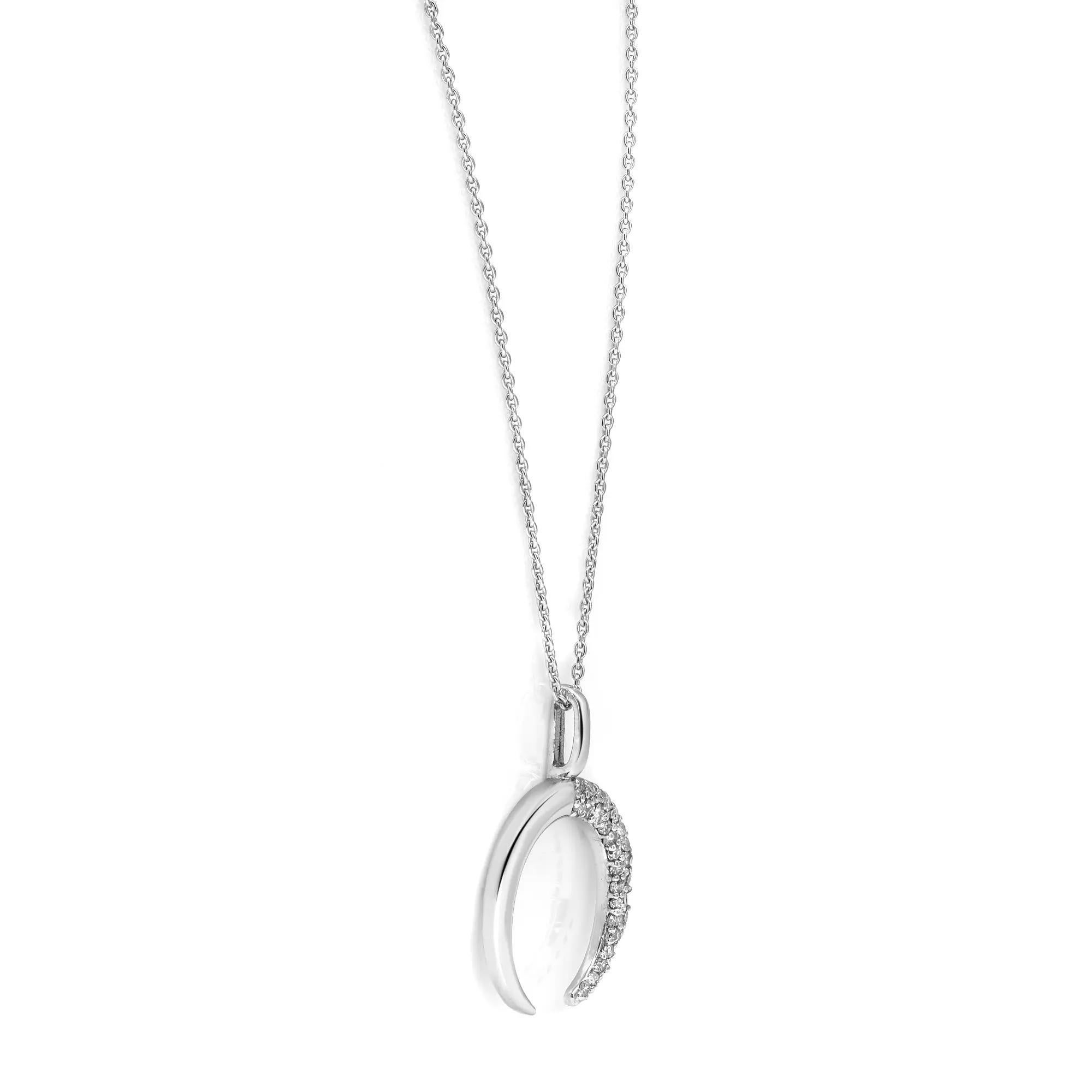This cute and delicate crescent moon pendant necklace is crafted in 14K white gold. Encrusted with 0.10 carat of tiny round cut diamonds. Diamond color I and SI clarity. Chain length: 18 inches. Pendant Size: 12.8mm. Total weight: 1.94 grams. Makes