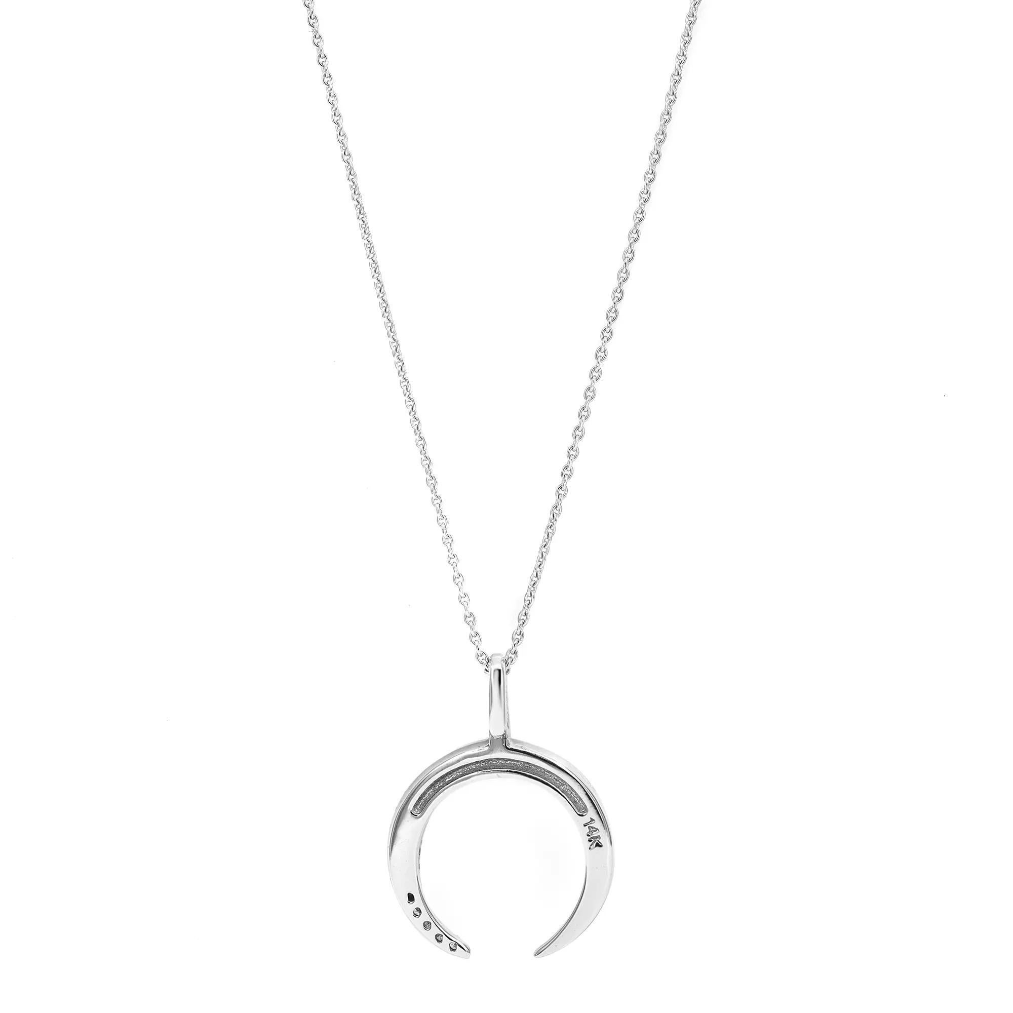 Diamond Crescent Pendant Necklace Round Cut In 14K White Gold 0.10Cttw In New Condition For Sale In New York, NY