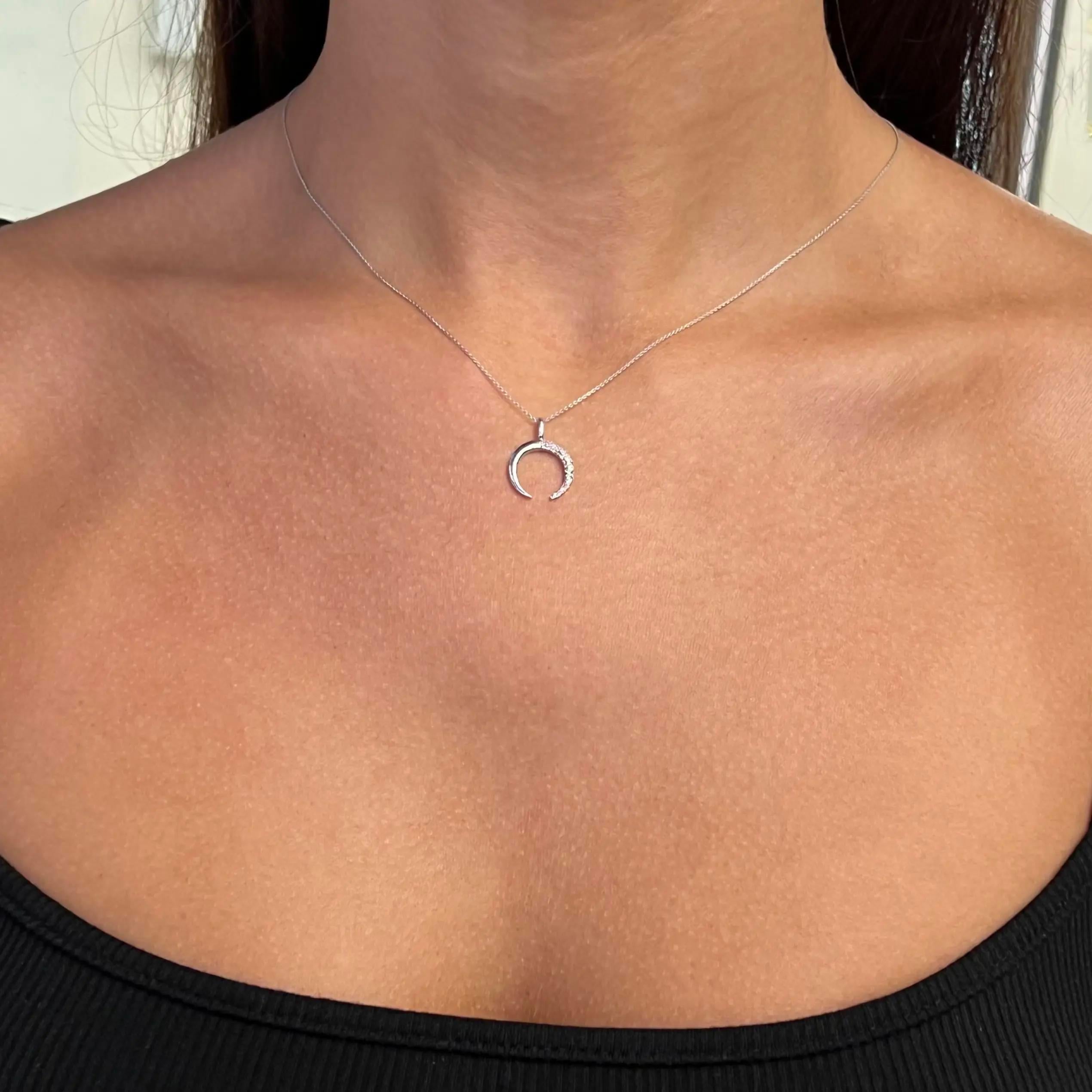 Diamond Crescent Pendant Necklace Round Cut In 14K White Gold 0.10Cttw For Sale 1