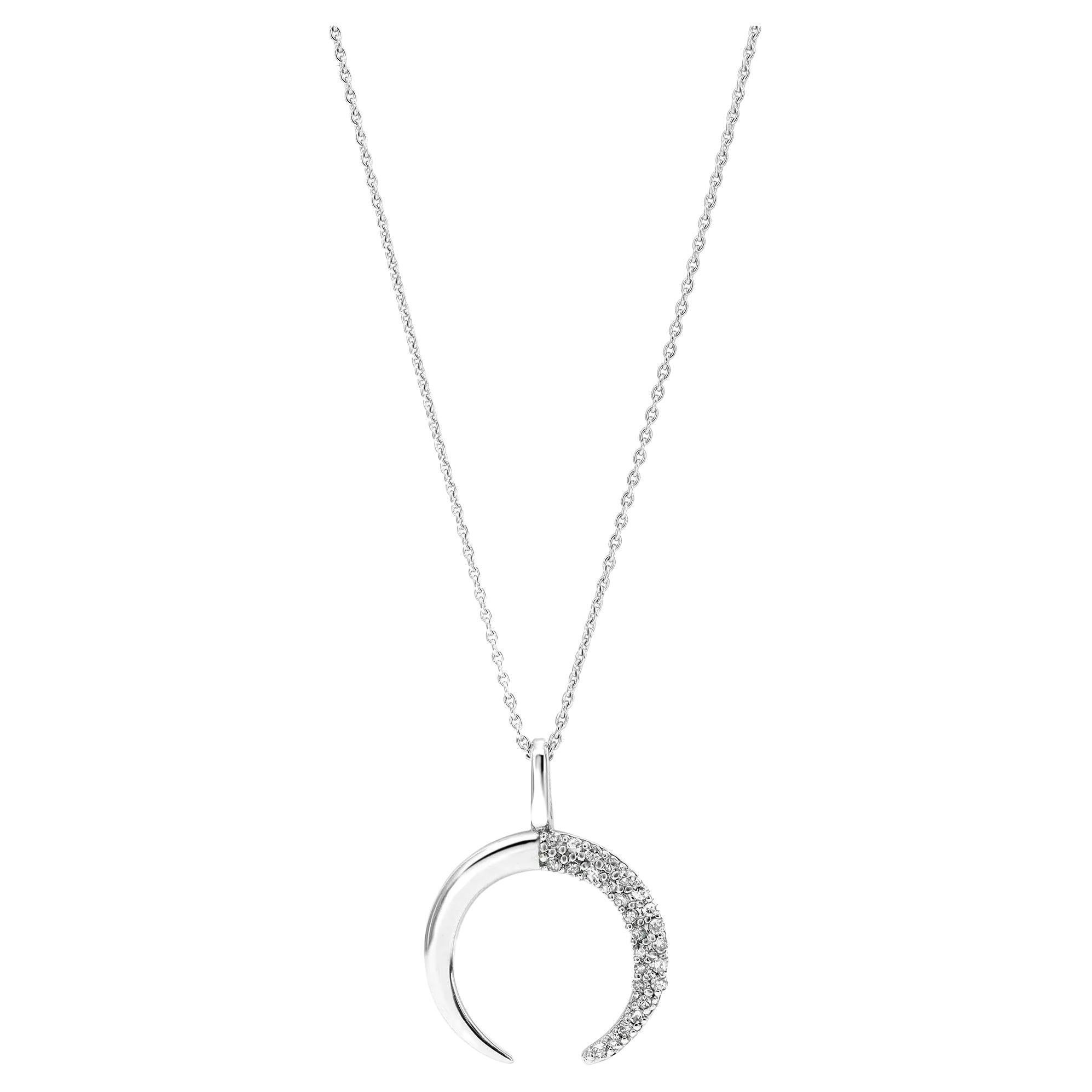 Diamond Crescent Pendant Necklace Round Cut In 14K White Gold 0.10Cttw For Sale