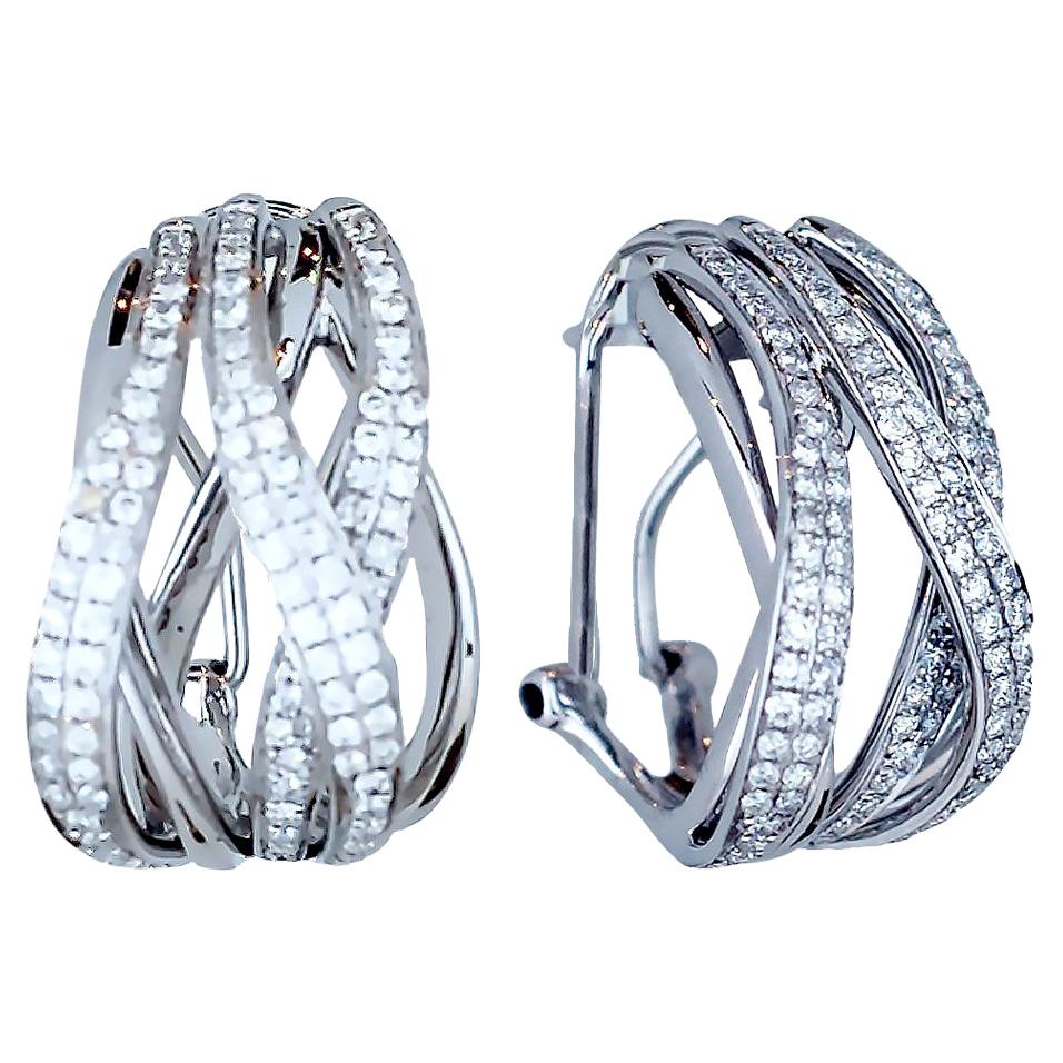 Diamond Criss Cross Hoops Earrings 14 Karat White Gold 1.60 Carat For Sale