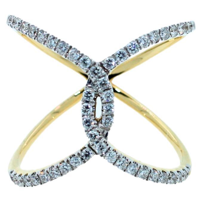 Modern Diamond Criss Cross Pave Cocktail Fashion Open Spiral 14 Karat Yellow Gold Ring For Sale