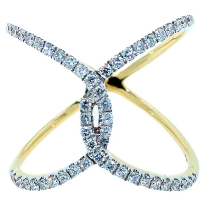 Women's or Men's Diamond Criss Cross Pave Cocktail Fashion Open Spiral 14 Karat Yellow Gold Ring For Sale