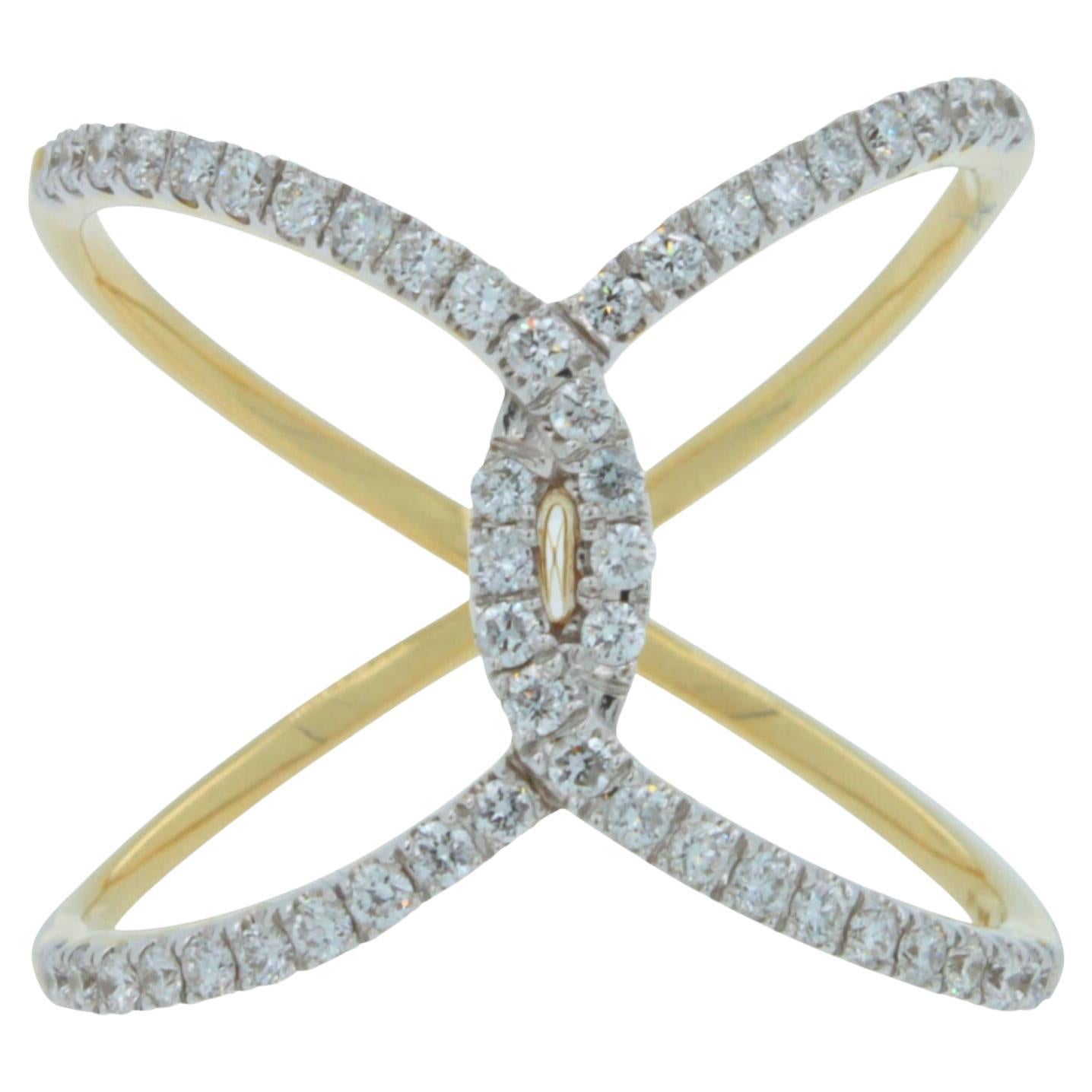 Diamond Criss Cross Pave Cocktail Fashion Open Spiral 14 Karat Yellow Gold Ring For Sale