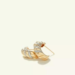 Diamond Croissant 14k Solid Gold Twisted Dome Open Hoop Earrings