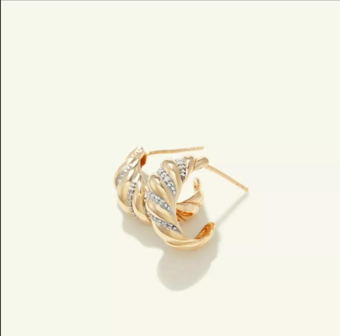 Art Deco Diamond Croissant Hoop Earring 14k Solid Gold Twisted Dome Open Hoop Earrings For Sale