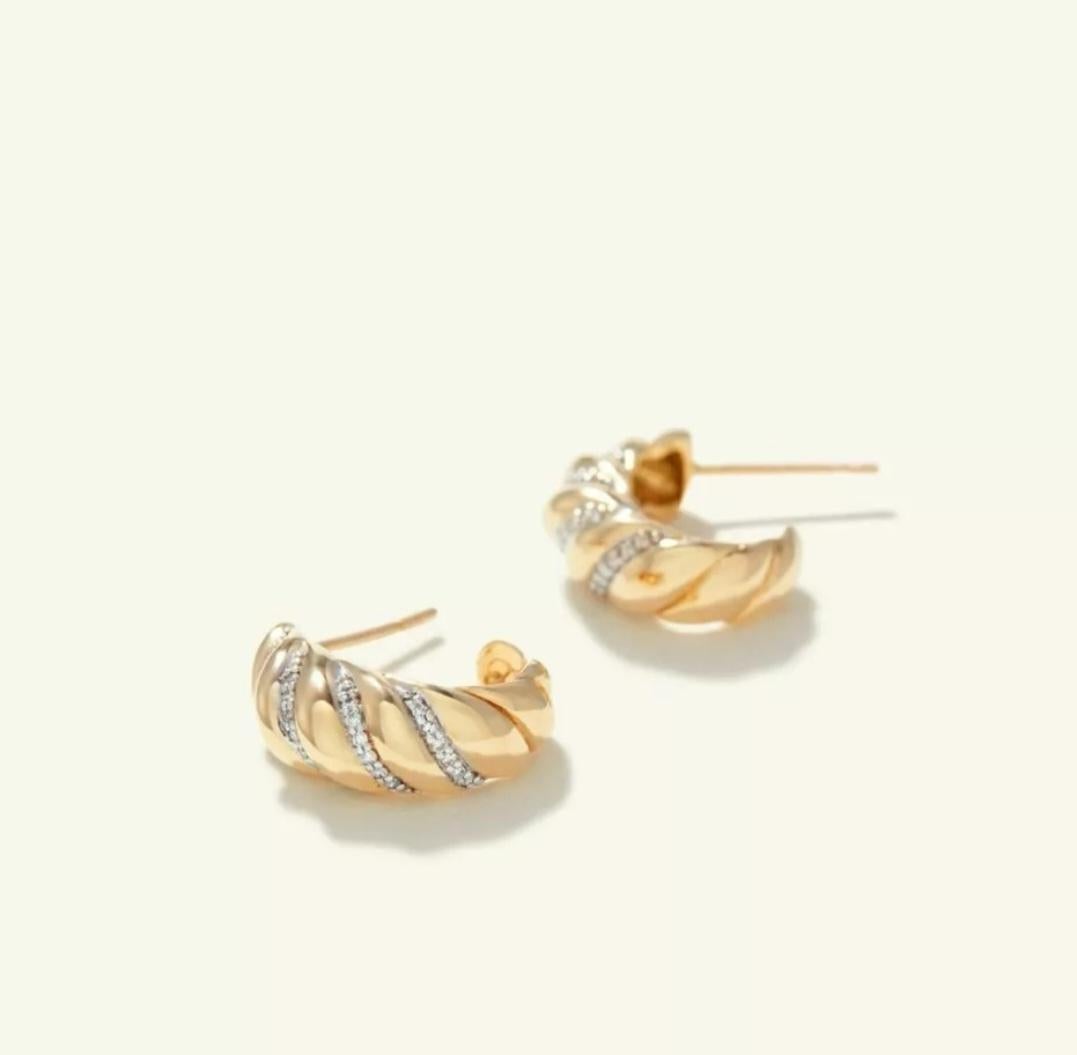 Diamond Croissant Hoop Earring 14k Solid Gold Twisted Dome Open Hoop Earrings For Sale 1