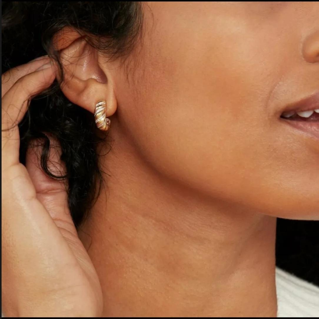 Diamond Croissant Hoop Earring 14k Solid Gold Twisted Dome Open Hoop Earrings For Sale 2