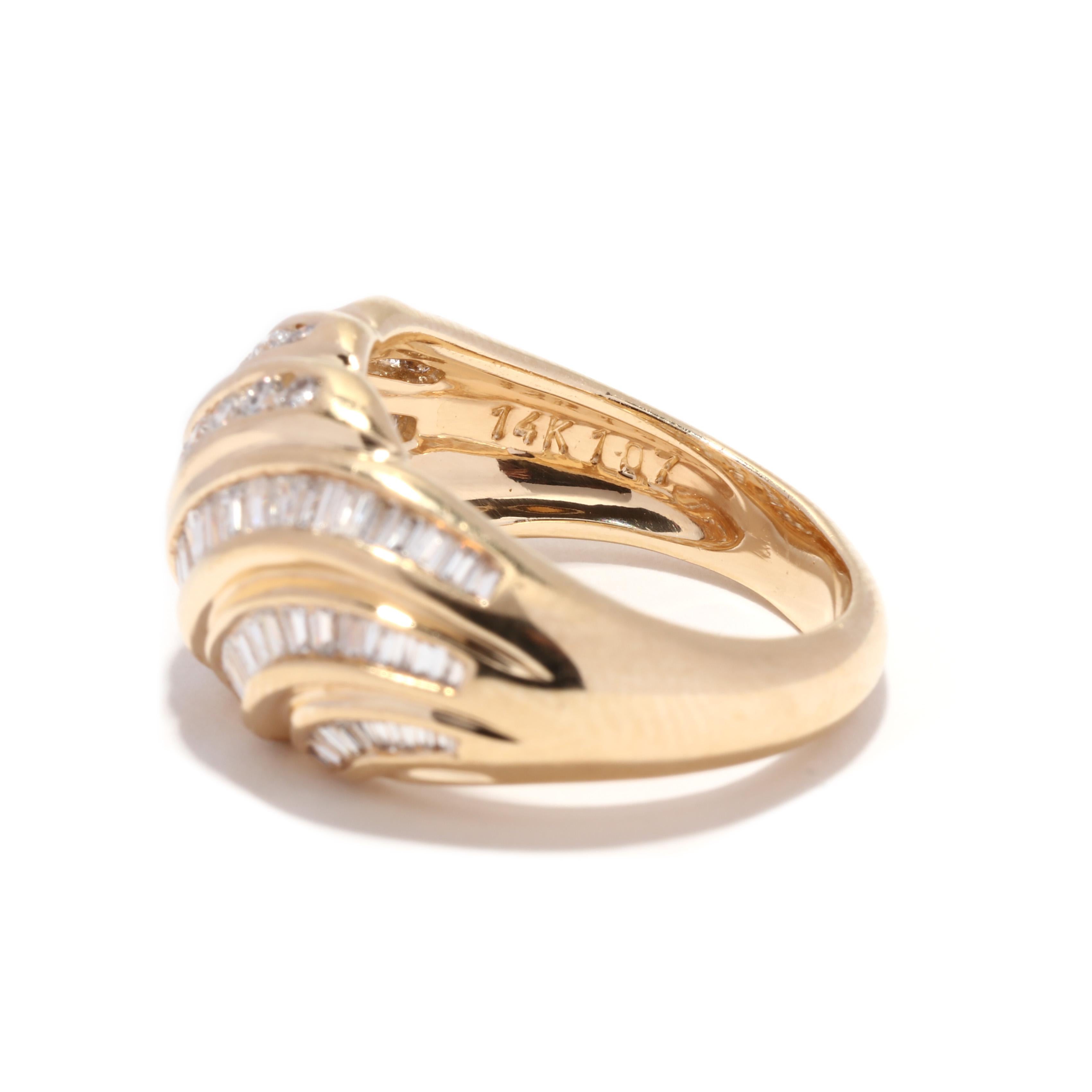 Baguette Cut Diamond Croissant Ring, 14K Gold, Baguette Diamond Ring, Ribbed Diamond Ring For Sale