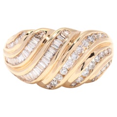 Vintage Diamond Croissant Ring, 14K Gold, Baguette Diamond Ring, Ribbed Diamond Ring