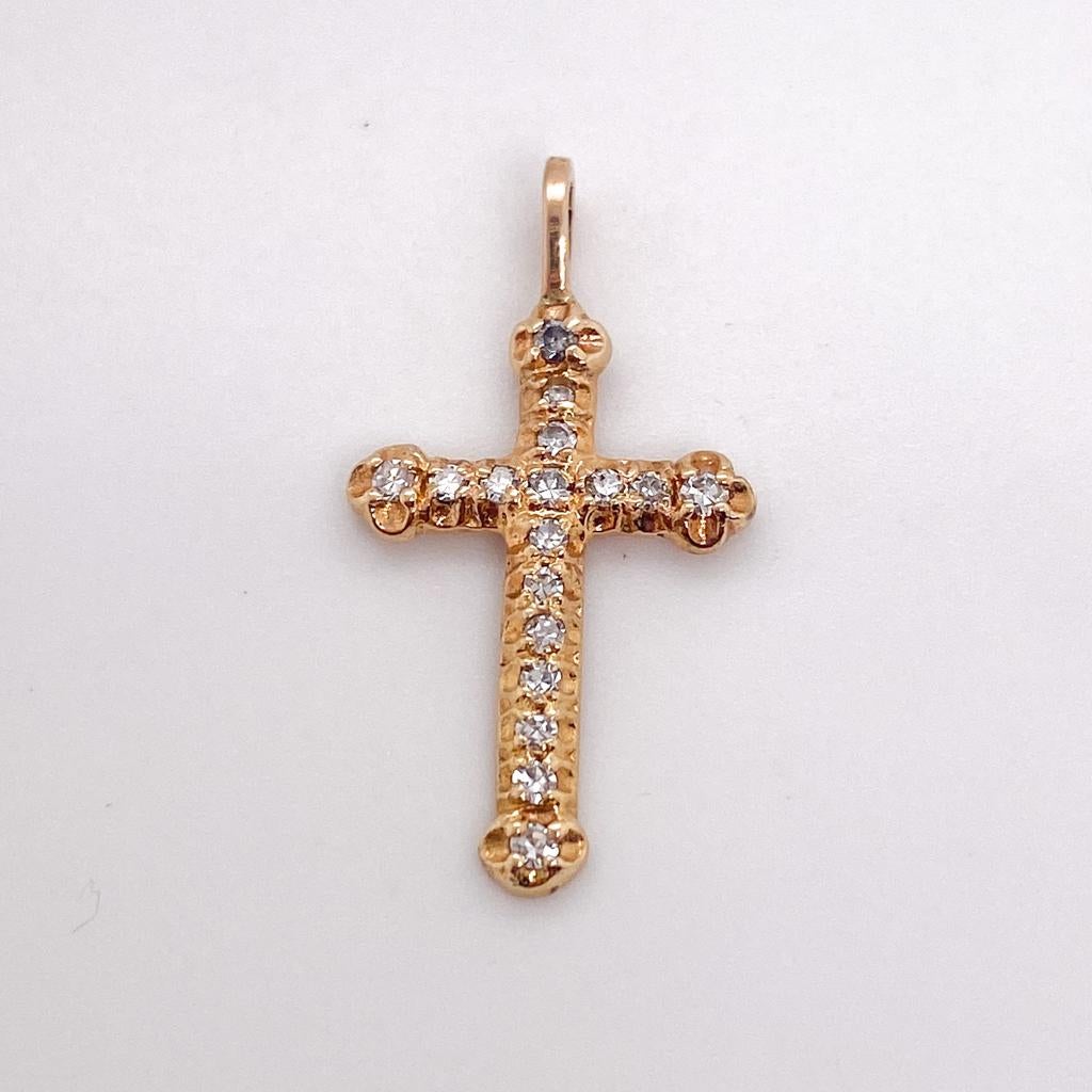 Round Cut Diamond Cross 14K Yellow Gold Pendant 1 Inch Long, 0.10 Carats, Religious Christ For Sale