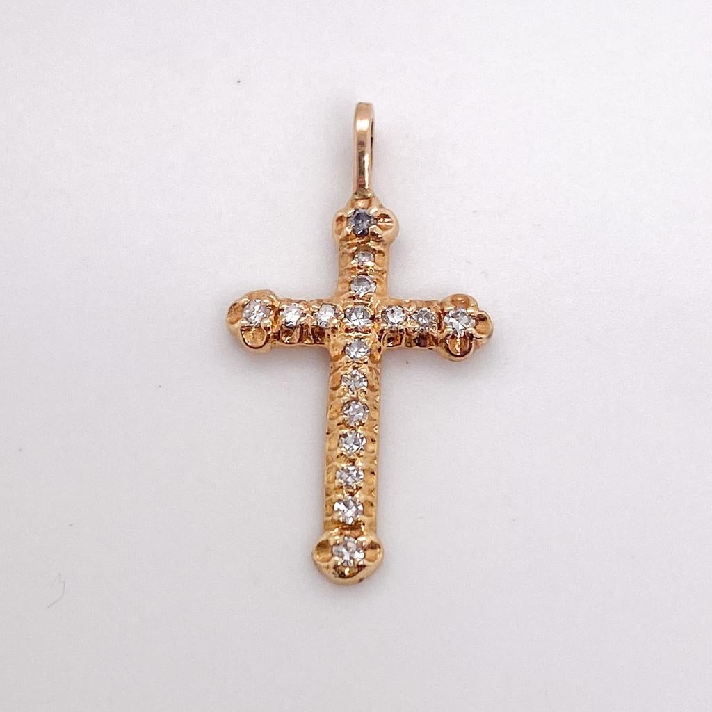Round Cut Diamond Cross 14K Yellow Gold Pendant 1 Inch Long, 0.10 Carats, Religious Christ For Sale