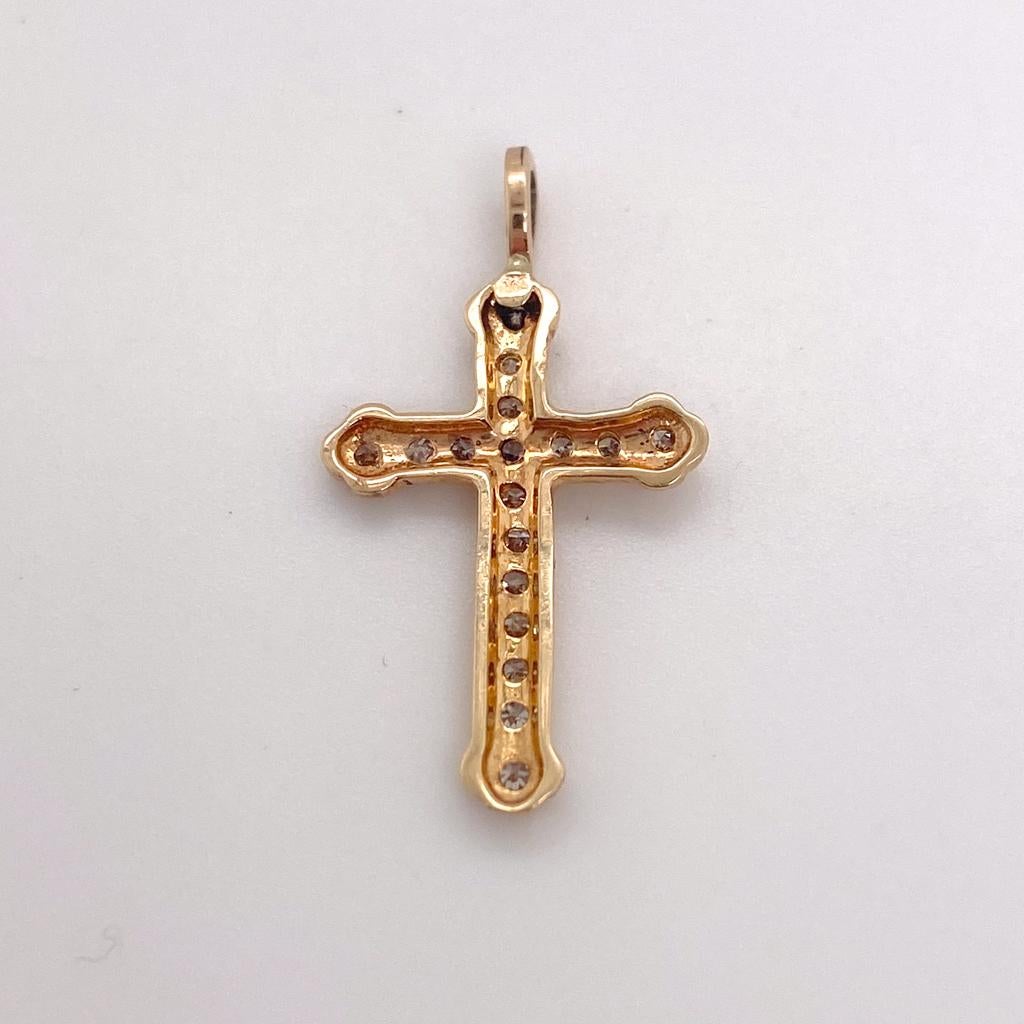 Women's or Men's Diamond Cross 14K Yellow Gold Pendant 1 Inch Long, 0.10 Carats, Religious Christ For Sale