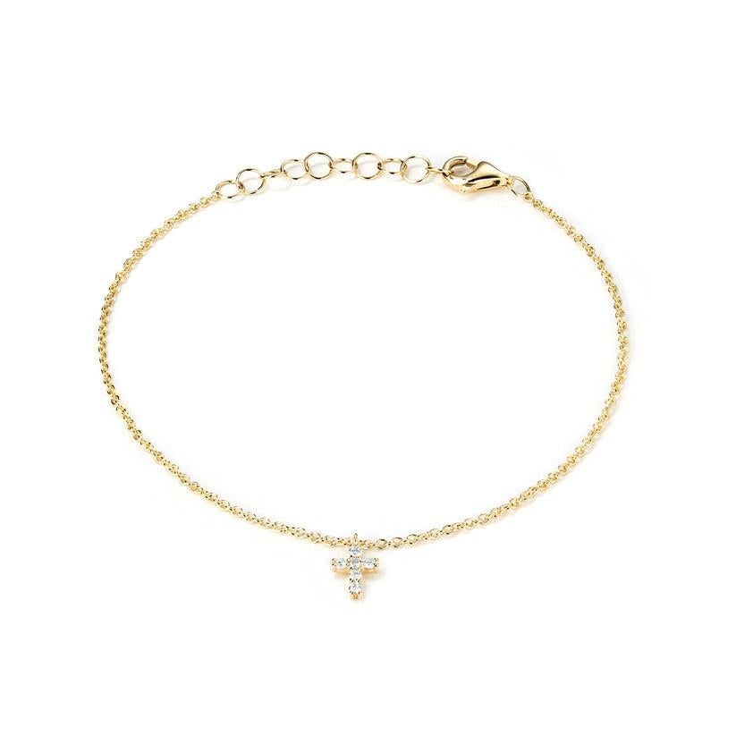 Taille ronde Bracelet en or jaune 14K (ou 18k sur demande) avec breloque croix en diamant en vente
