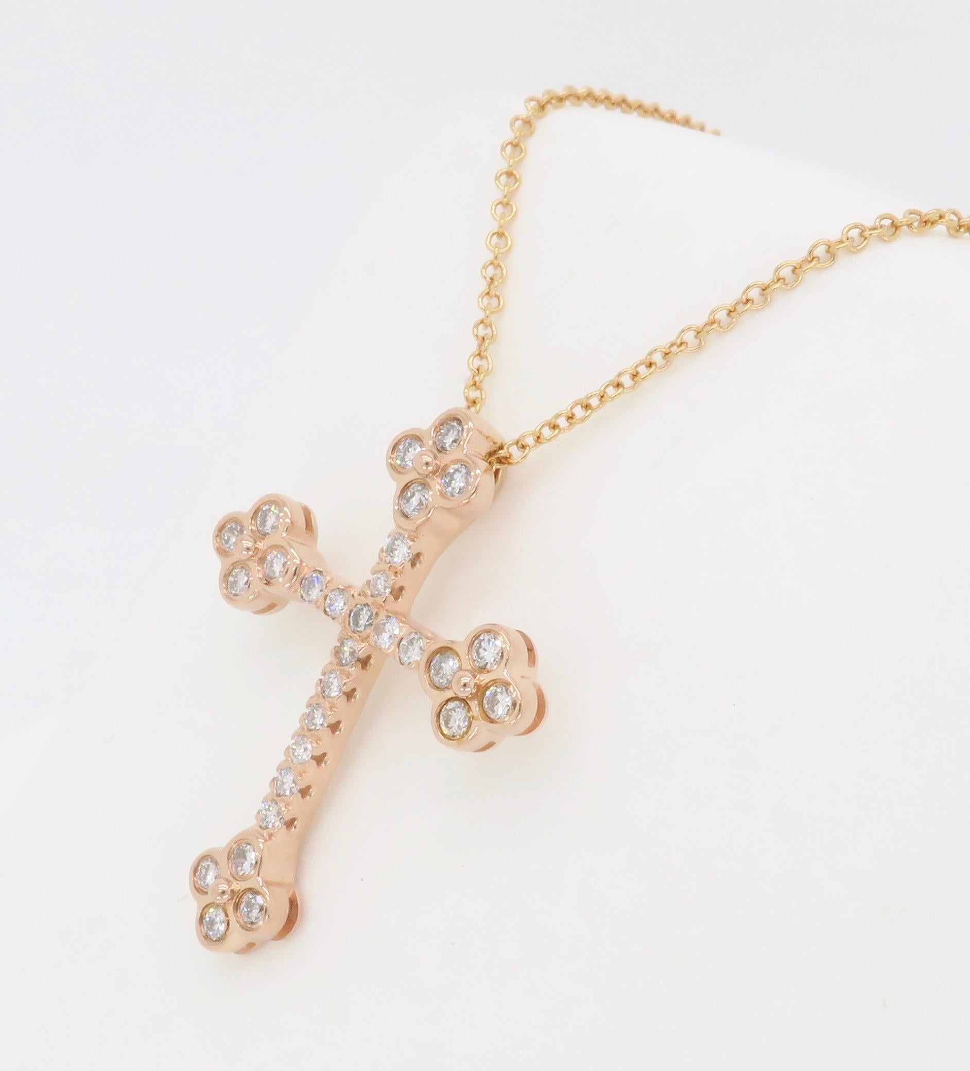 Round Cut Diamond Cross Crafted in 14k Rose Gold