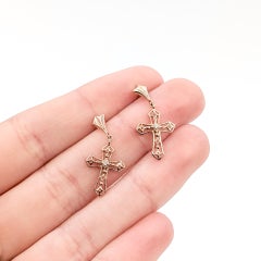 Diamond Cross Drop Earrings in 10k Rose Gold