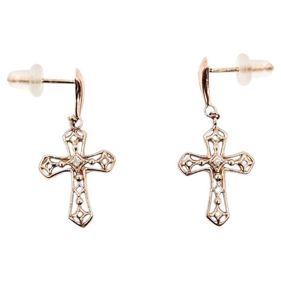 Diamond Cross Drop Earrings in 10k Rose Gold For Sale