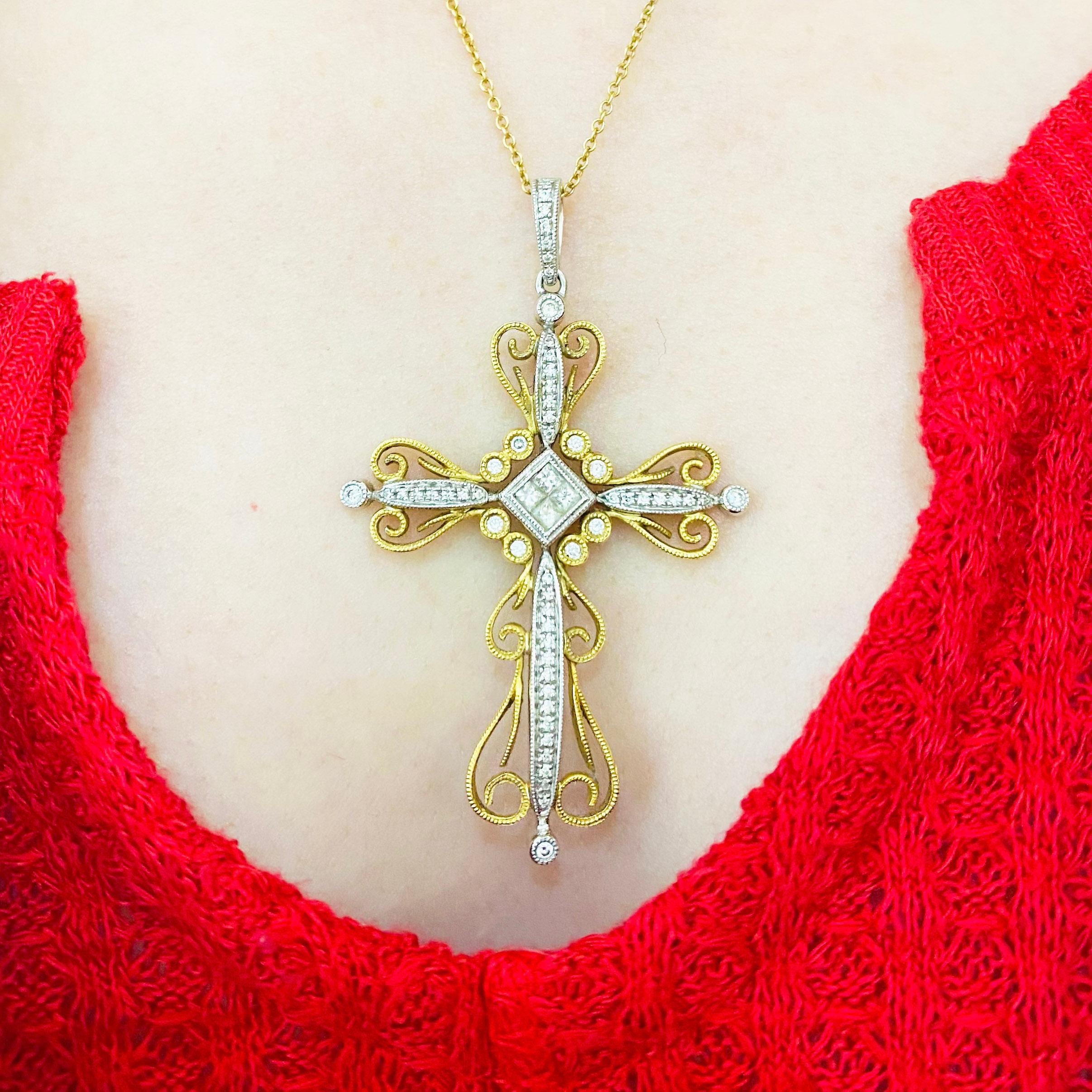 Diamond Cross Necklace, 14 Karat Yellow White Gold Diamond Cross 