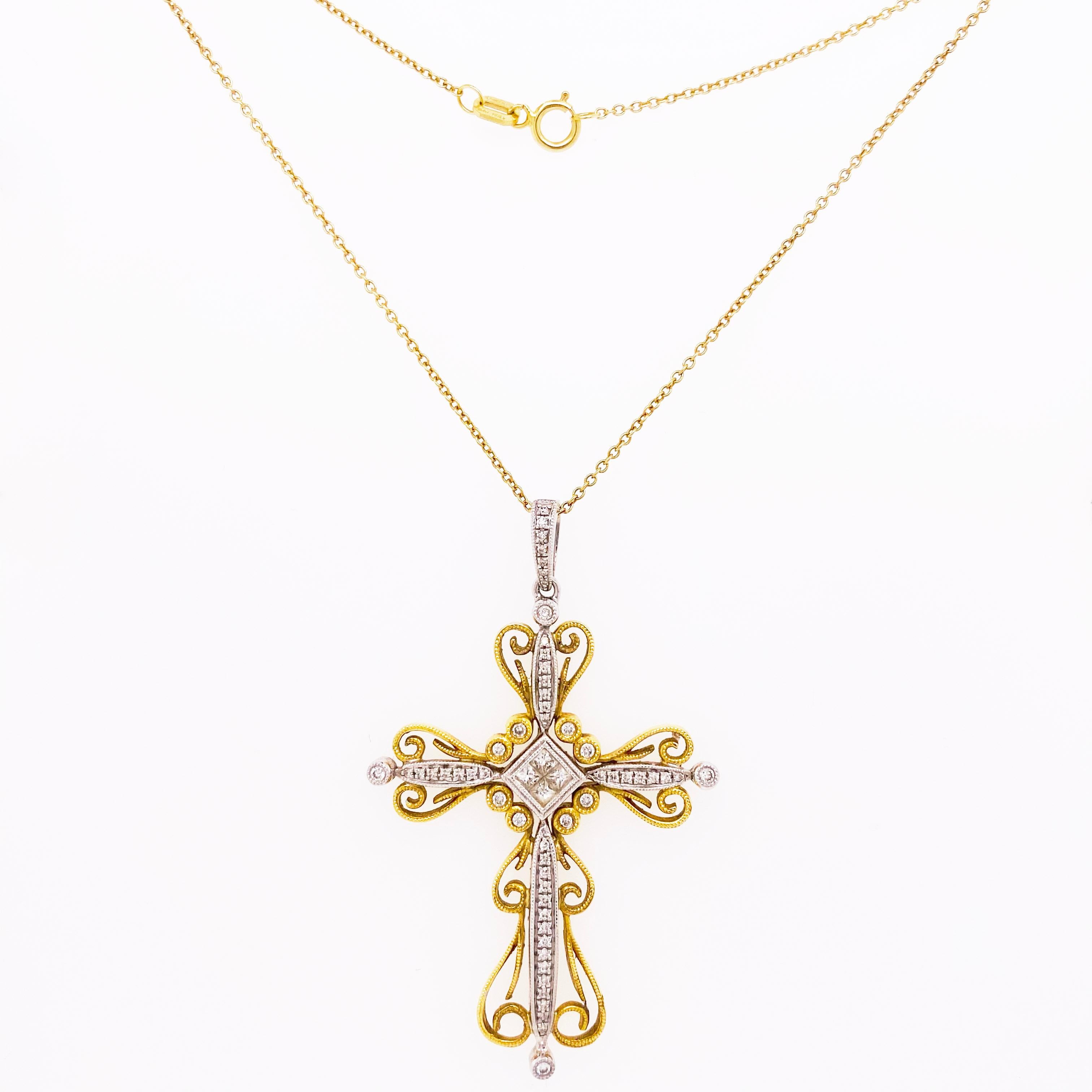 Modern Diamond Cross Necklace, 14 Karat Yellow White Gold Diamond Cross Pendant Chain For Sale