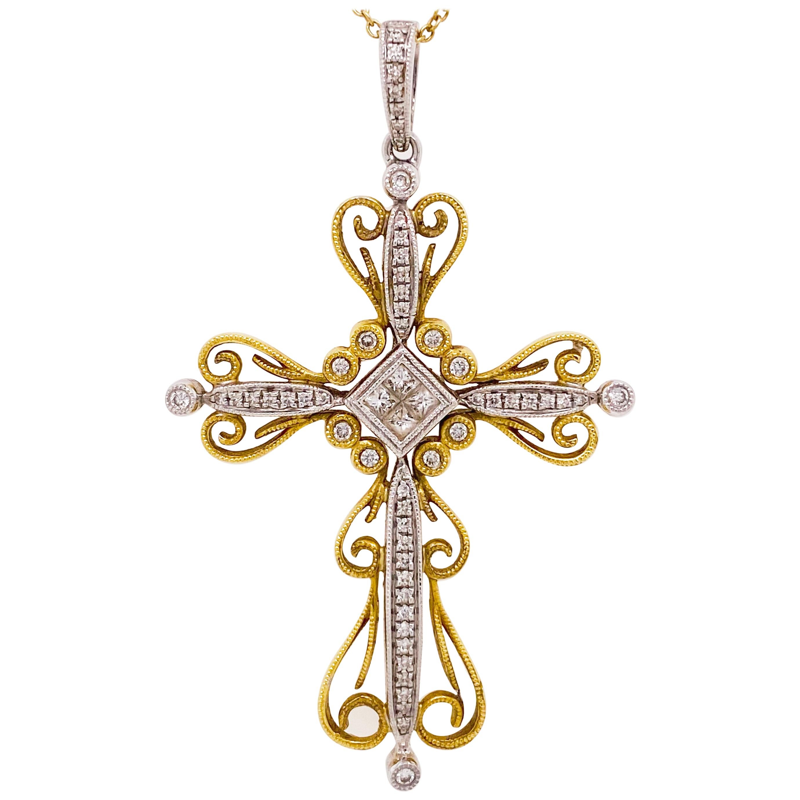 Diamond Cross Necklace, 14 Karat Yellow White Gold Diamond Cross Pendant Chain