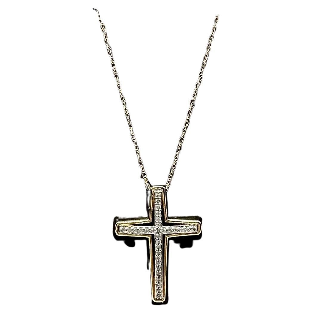 Diamond Cross Necklace in 10kt Yellow Gold – 0.12ctw, 18in, New For Sale