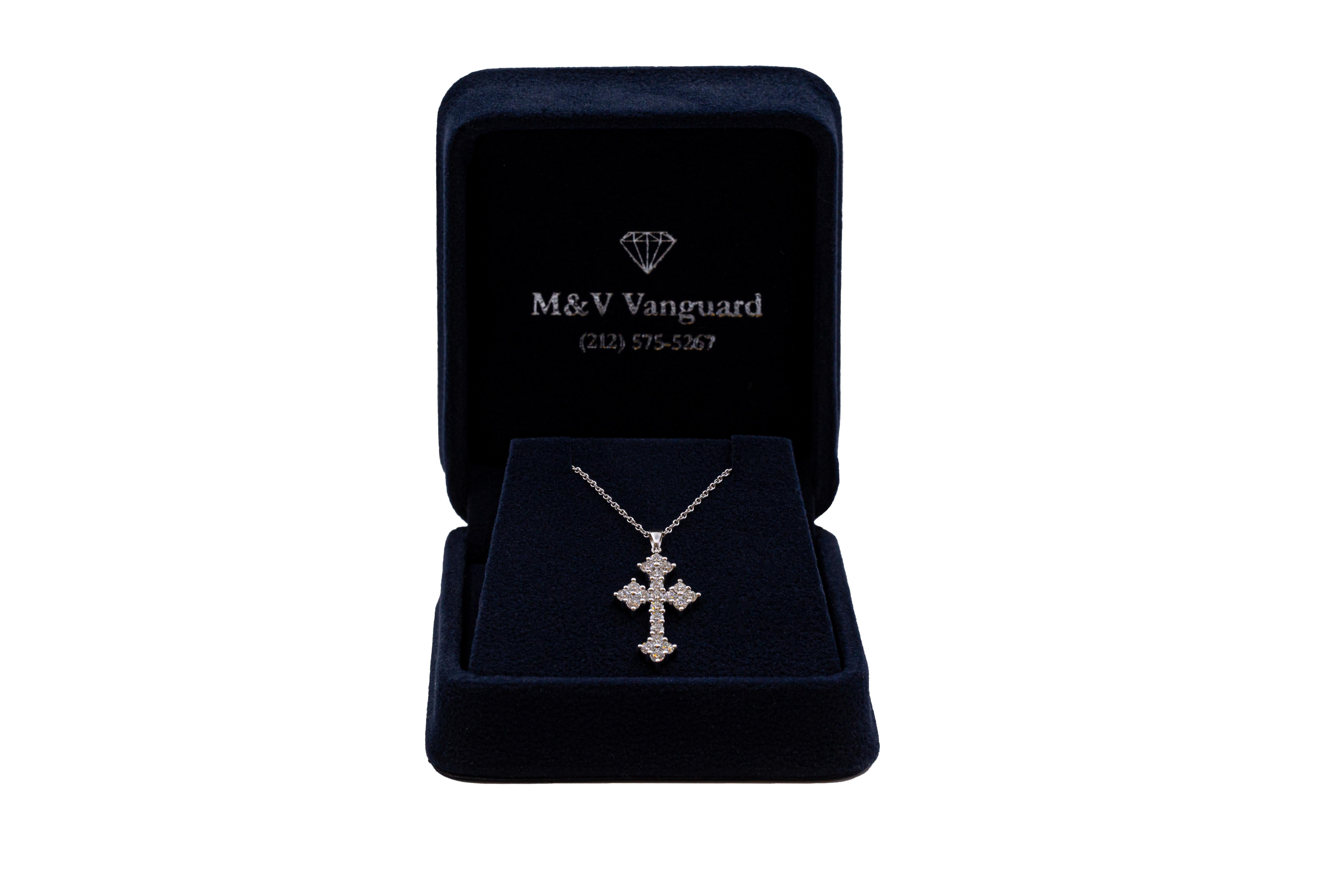 Round Cut Diamond Cross Necklace in 14K White Gold For Sale